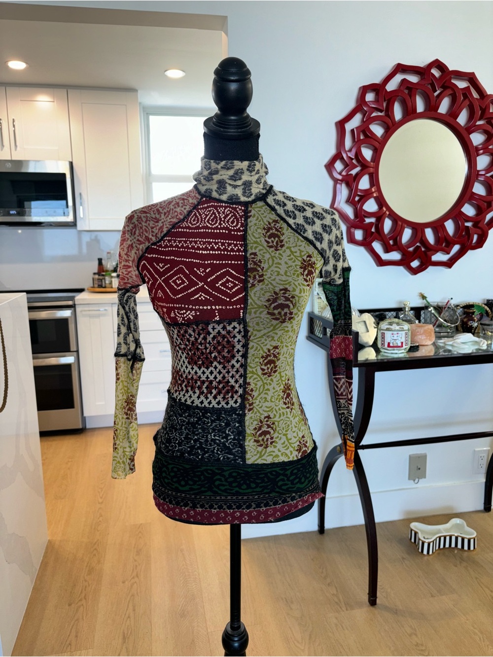 Patchwork Print Long Sleeve Turtleneck Tops and Skirt set- Multi